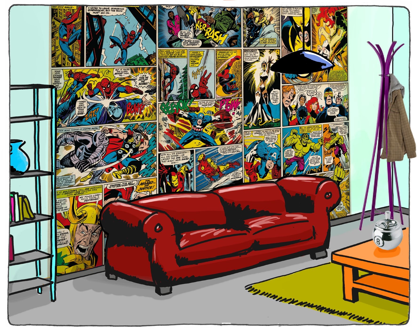 Comics room. Komar фотообои Marvel. Интерьер в стиле комиксов. Комната в стиле комиксов. Стена в стиле комиксов.